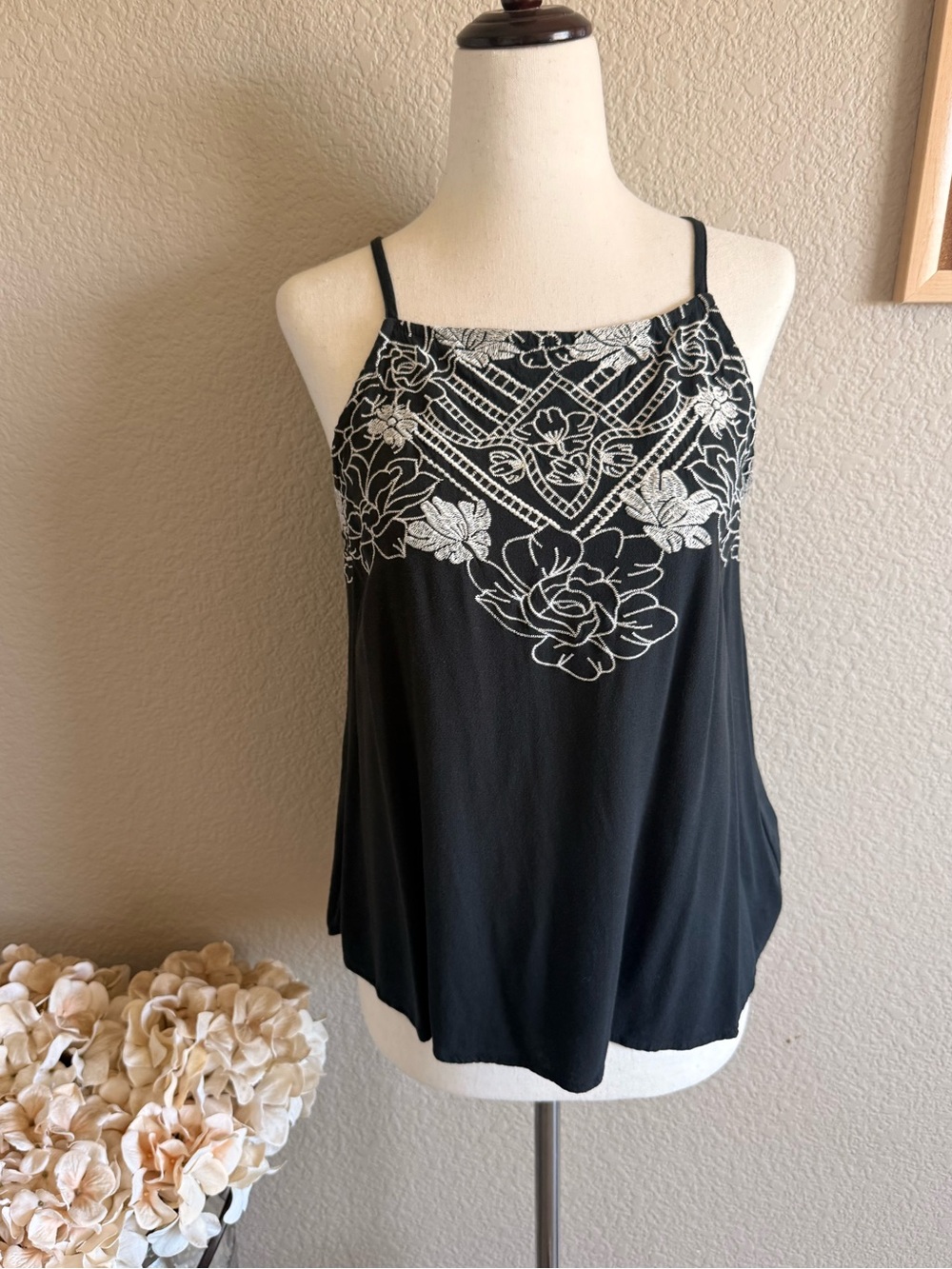 love on a hanger Black Cami with White Floral Embroidery